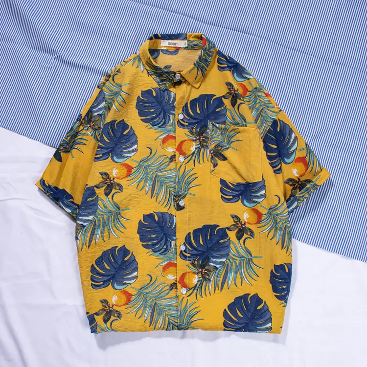 New Men's Beach Shirt Short Sleeve Coconut Print Yellow - Image 8