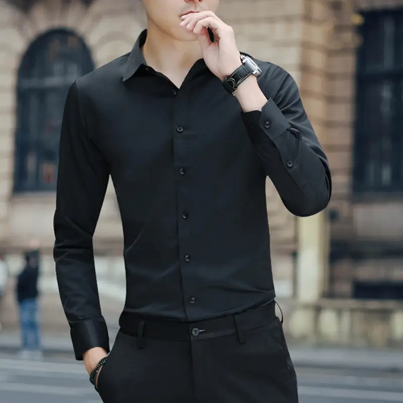 Men's Black Slim Fit Business Shirt with Button Front - Image 2