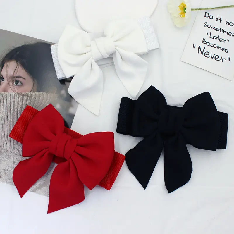 Women's Black Cotton Wide Belt with 3D Bow Sweet Elastic Waist