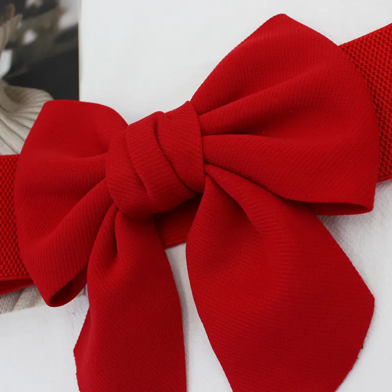 Women's Black Cotton Wide Belt with 3D Bow Sweet Elastic Waist