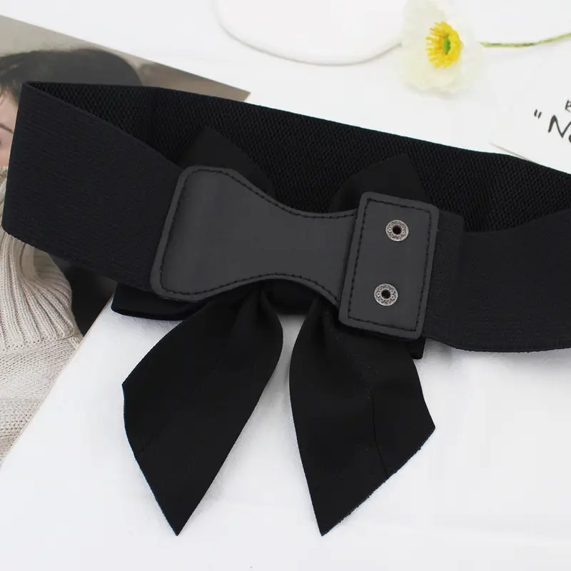 Women's Black Cotton Wide Belt with 3D Bow Sweet Elastic Waist