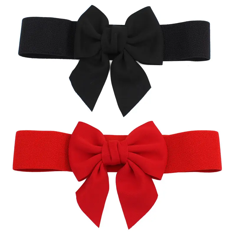 Women's Black Cotton Wide Belt with 3D Bow Sweet Elastic Waist