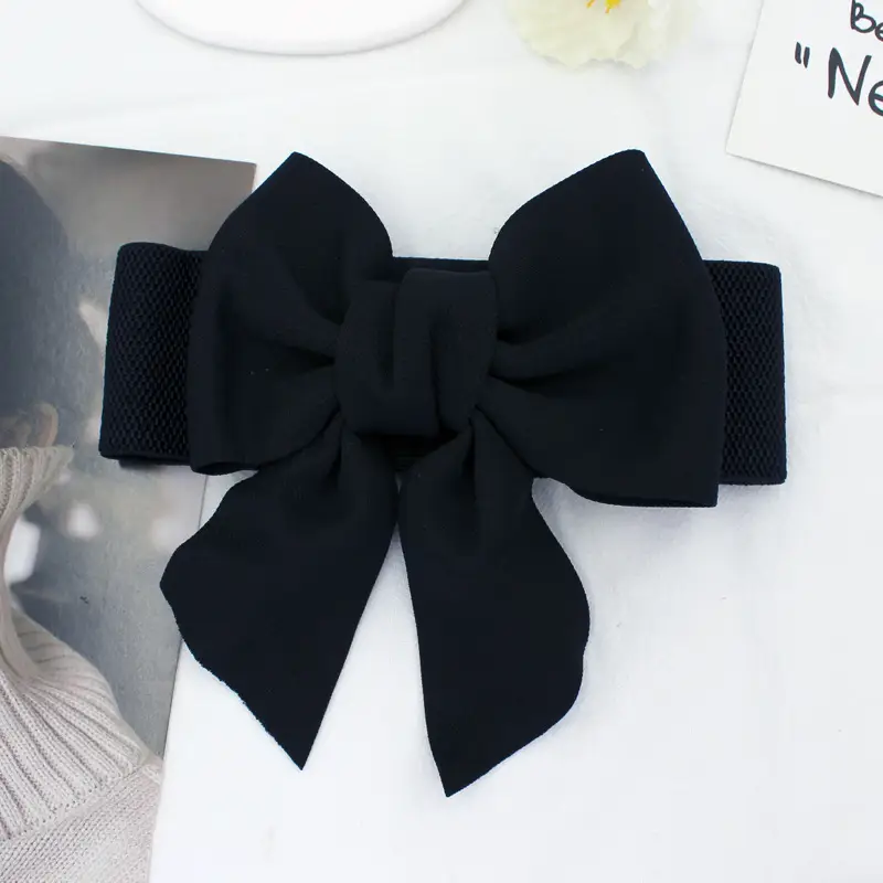 Women's Black Cotton Wide Belt with 3D Bow Sweet Elastic Waist