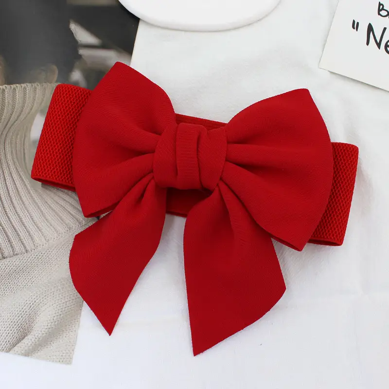 Women's Black Cotton Wide Belt with 3D Bow Sweet Elastic Waist