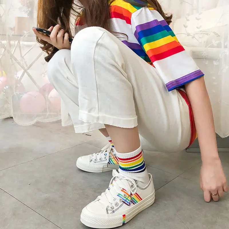 Rainbow Socks Spring Men's and Women's Cotton Socks Color Striped High Top Sports Socks Internet Popular Couple Stockings