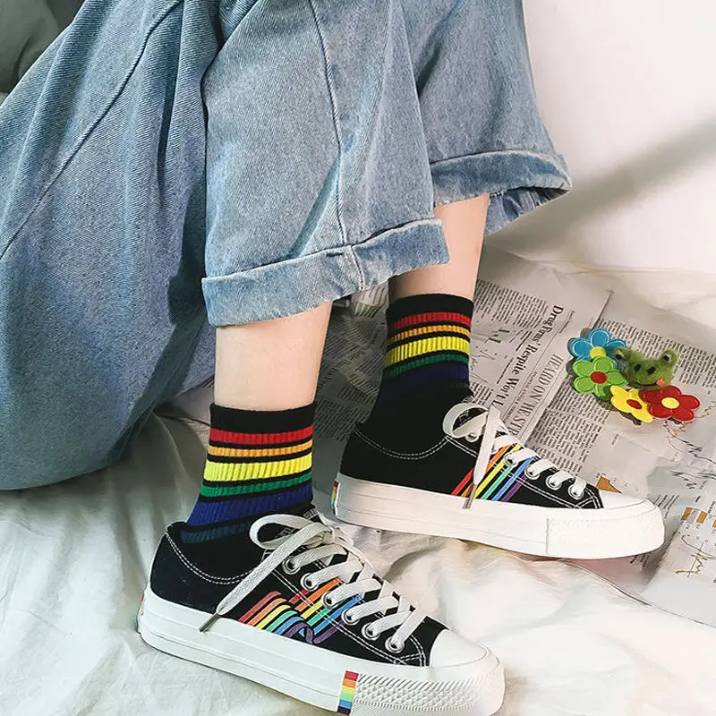 Rainbow Socks Spring Men's and Women's Cotton Socks Color Striped High Top Sports Socks Internet Popular Couple Stockings