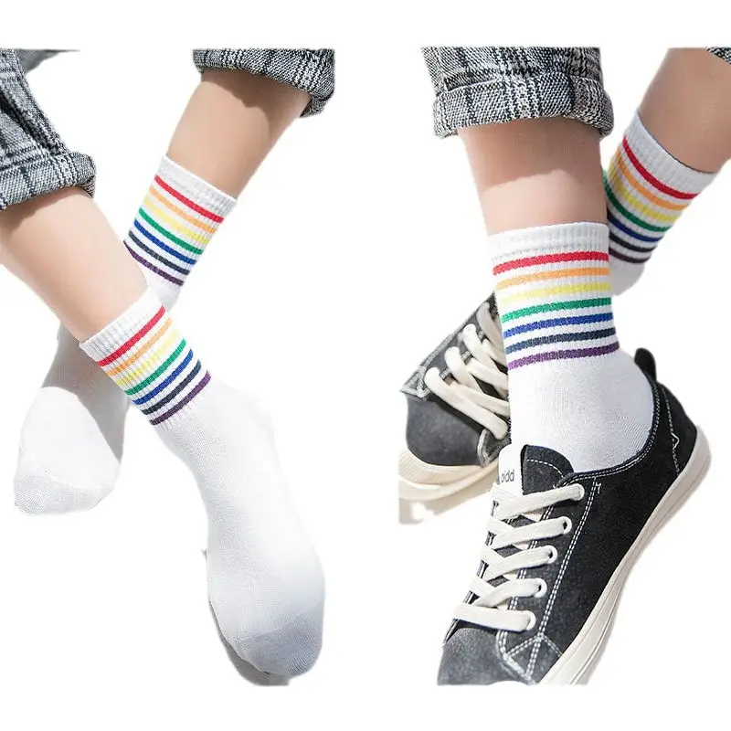 Rainbow Socks Spring Men's and Women's Cotton Socks Color Striped High Top Sports Socks Internet Popular Couple Stockings