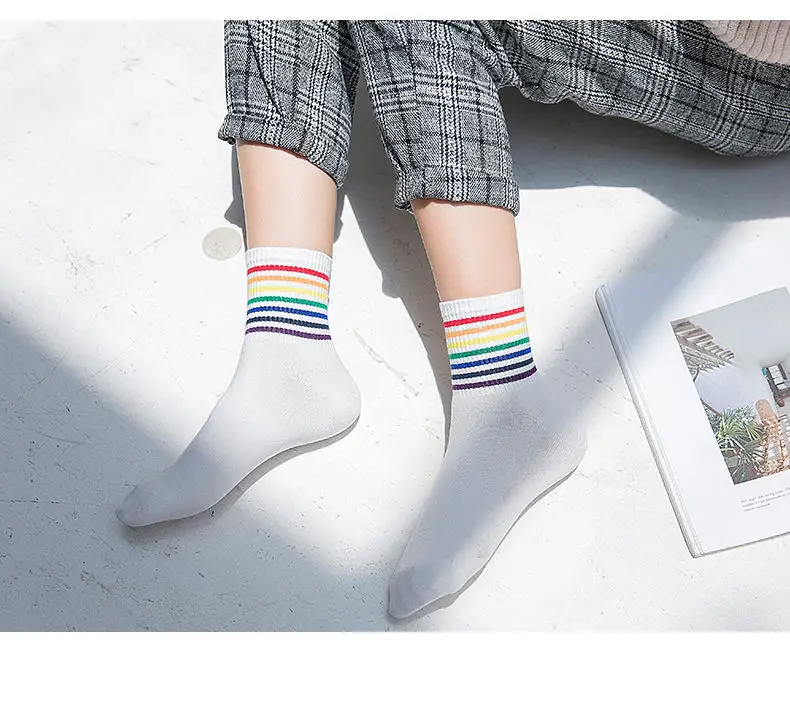 Rainbow Socks Spring Men's and Women's Cotton Socks Color Striped High Top Sports Socks Internet Popular Couple Stockings — feature 12