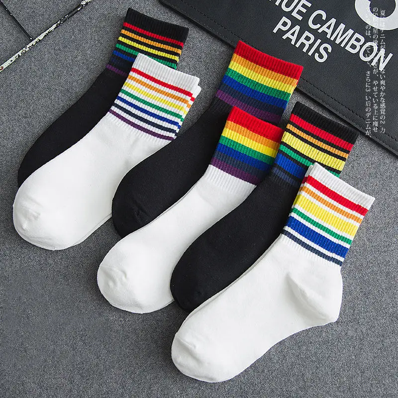 Rainbow Socks Spring Men's and Women's Cotton Socks Color Striped High Top Sports Socks Internet Popular Couple Stockings — feature 17