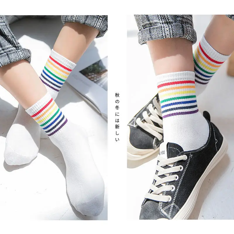 Rainbow Socks Spring Men's and Women's Cotton Socks Color Striped High Top Sports Socks Internet Popular Couple Stockings — feature 5