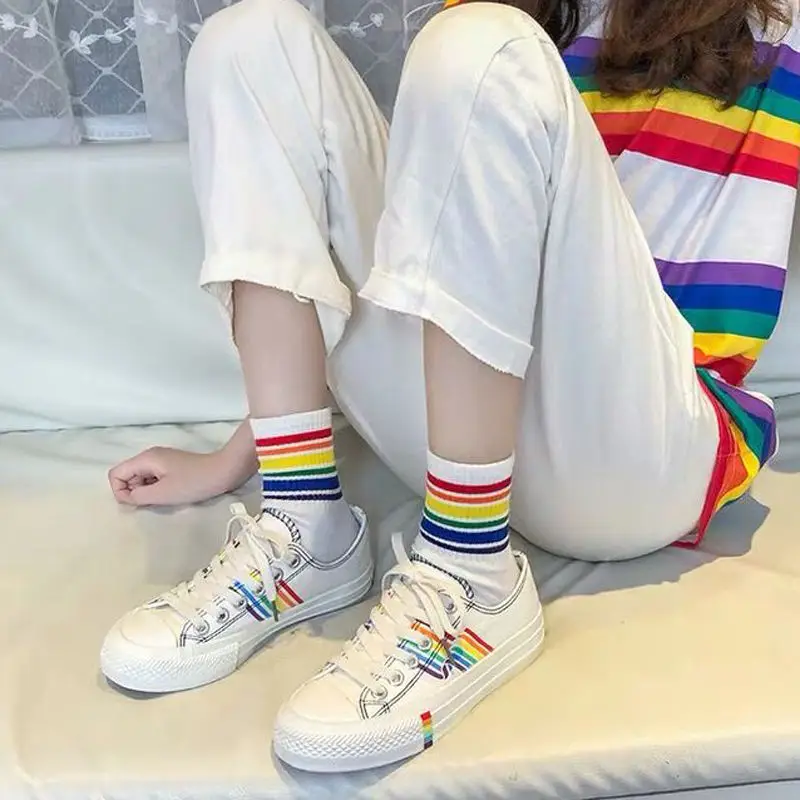 Rainbow Socks Spring Men's and Women's Cotton Socks Color Striped High Top Sports Socks Internet Popular Couple Stockings — feature 6
