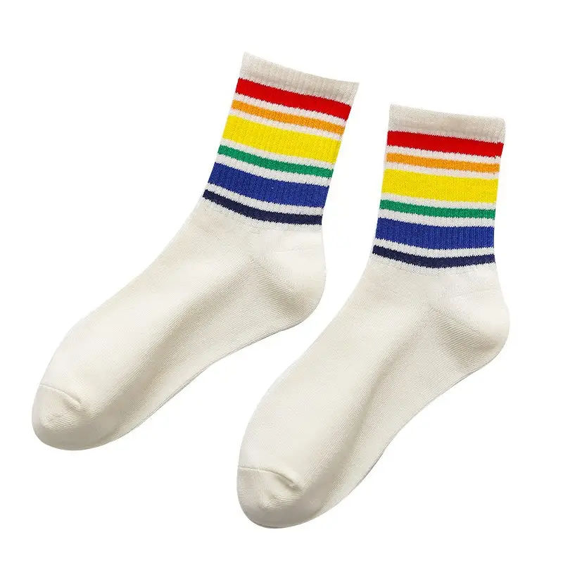 Rainbow Socks Spring Men's and Women's Cotton Socks Color Striped High Top Sports Socks Internet Popular Couple Stockings