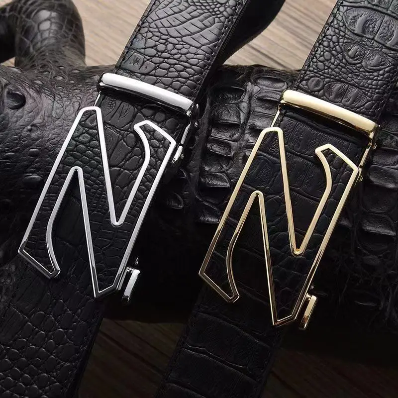 Men's Automatic Buckle Leather Belt with Gold Plated Clasp - Image 4