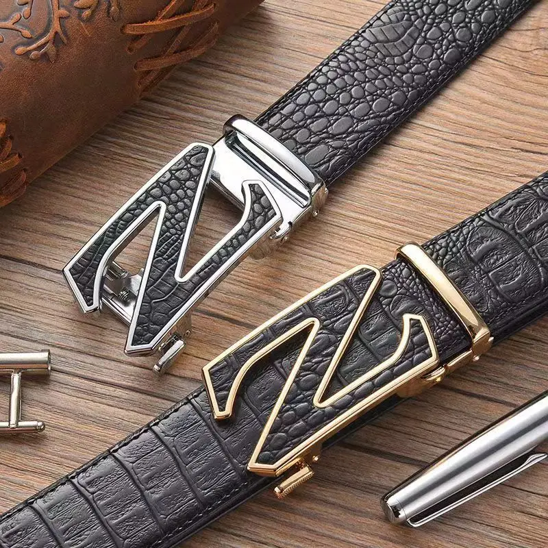 Men's Automatic Buckle Leather Belt with Gold Plated Clasp - Image 5