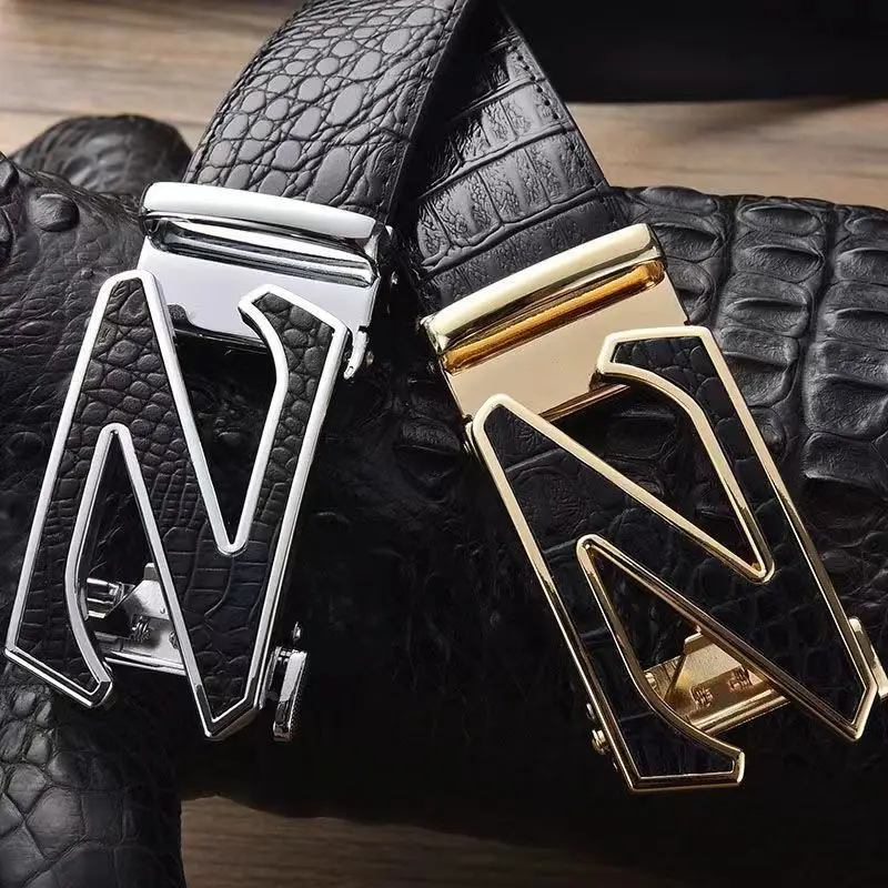Men's Automatic Buckle Leather Belt with Gold Plated Clasp - Image 6