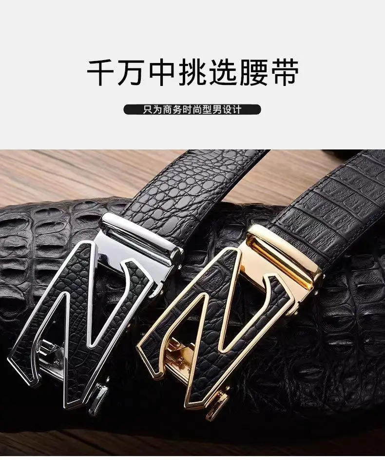 Men's Automatic Buckle Leather Belt with Gold Plated Clasp — feature 3