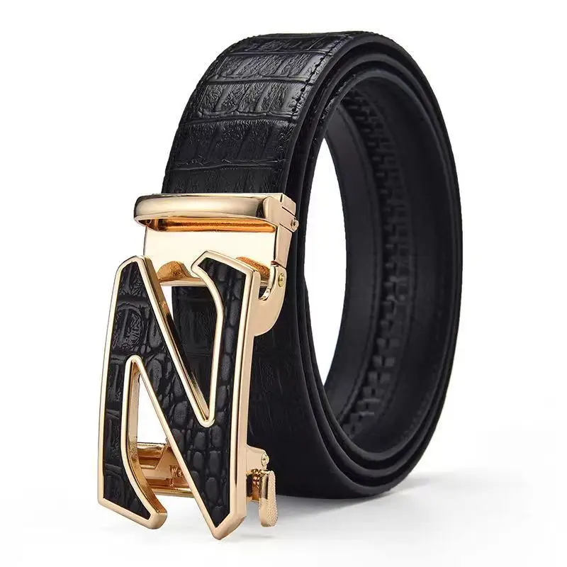 Men's Automatic Buckle Leather Belt with Gold Plated Clasp