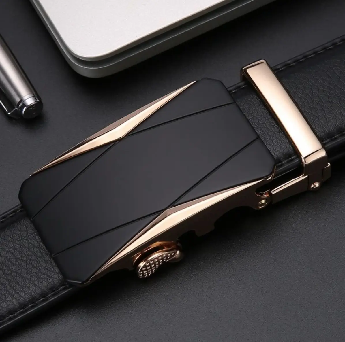 Men's Black Leather Belt with Rose Gold Buckle 14 Pattern - Image 7