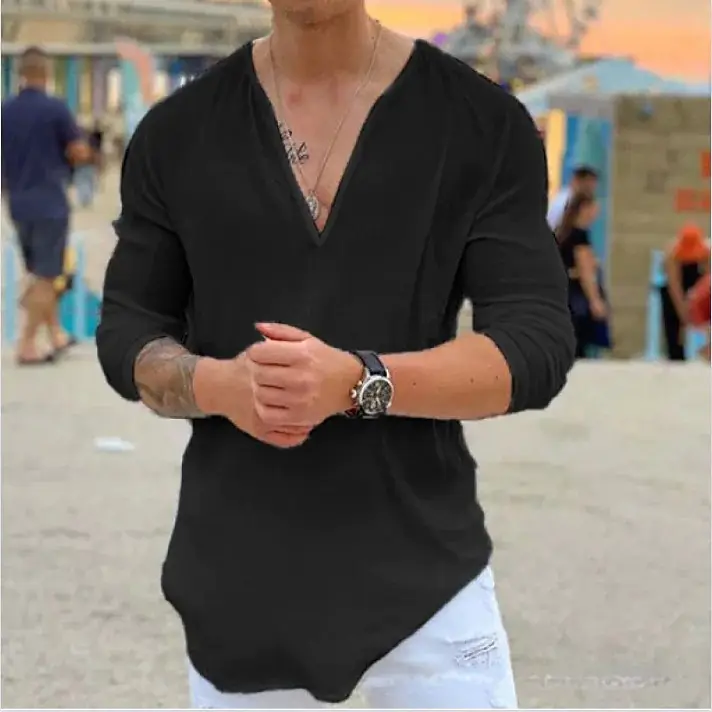 2023 V-Neck Cotton T-Shirt for Men Black - Image 6