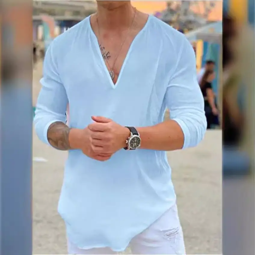 2023 V-Neck Cotton T-Shirt for Men Black - Image 7