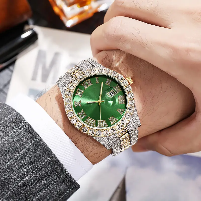 Men's Green Diamond Calendar Watch with Roman Scale — feature 1