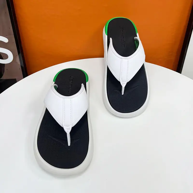 Men's Green White Beach Flip-Flops with Thick Soles