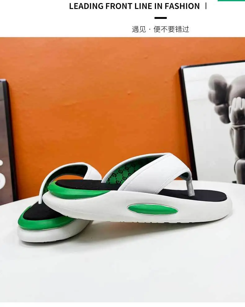 Men's Green White Beach Flip-Flops with Thick Soles — feature 10