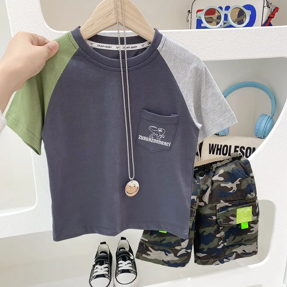 Boys Cotton T-Shirt White Orange Camo Shorts Set Large