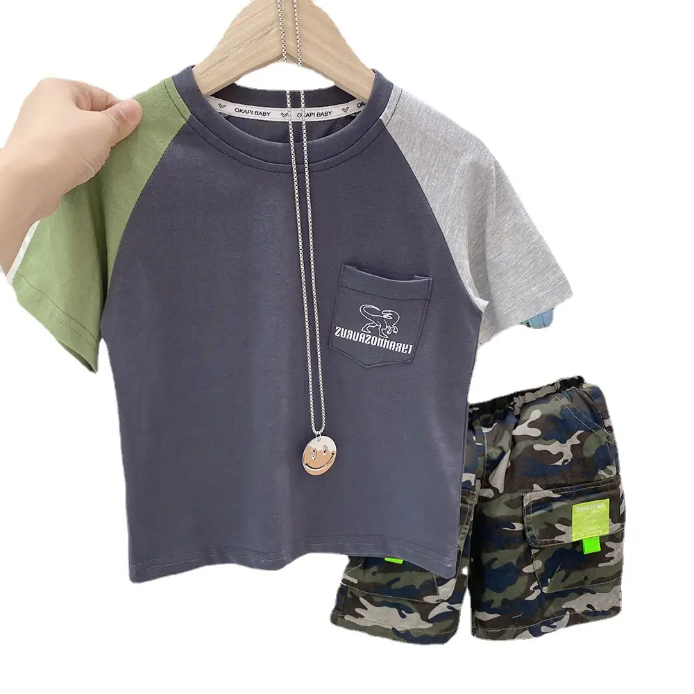 Boys Cotton T-Shirt White Orange Camo Shorts Set Large