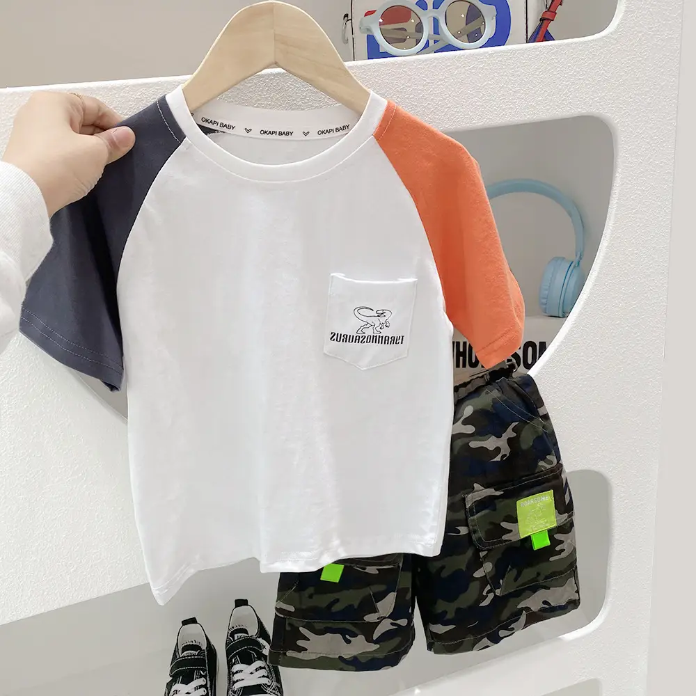 Boys Cotton T-Shirt White Orange Camo Shorts Set Large — feature 3