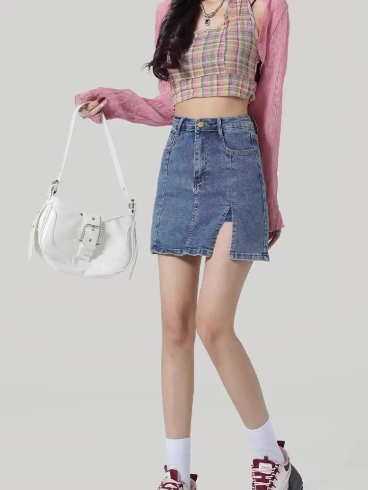 Women Denim Slit Skirt High Waist Blue 2025