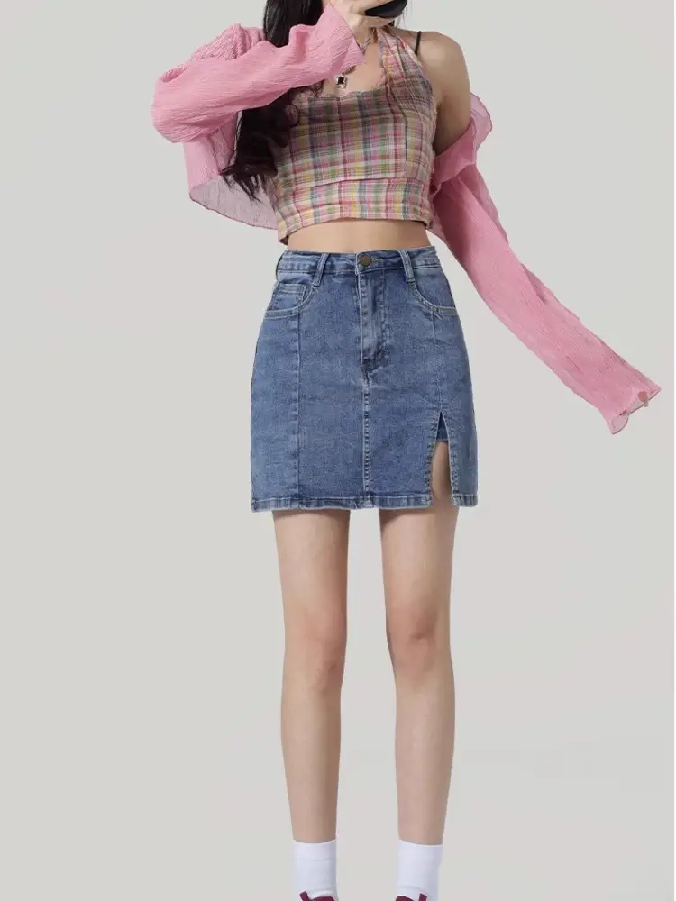 Women Denim Slit Skirt High Waist Blue 2025