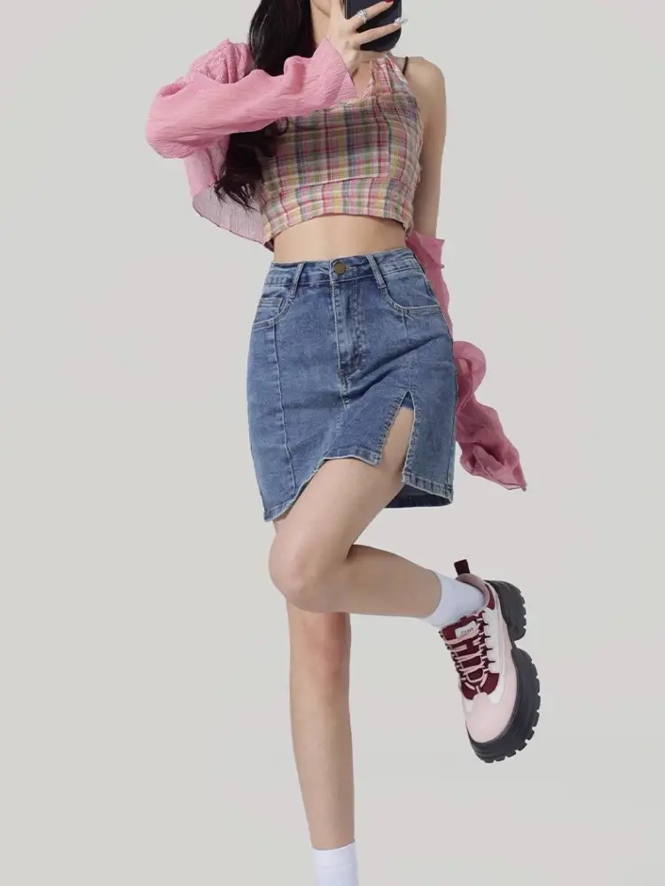 Women Denim Slit Skirt High Waist Blue 2025