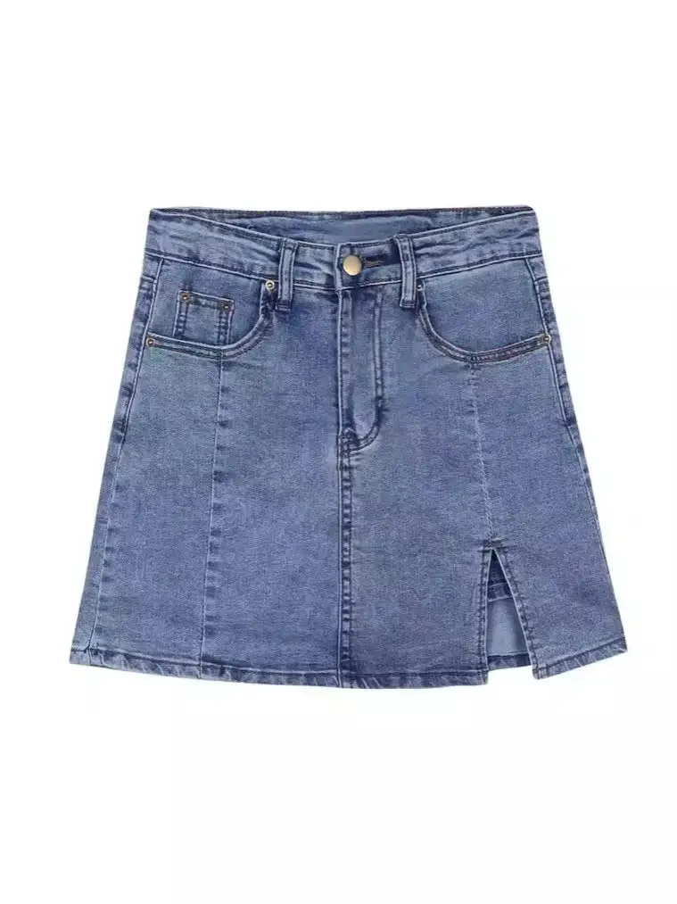 Women Denim Slit Skirt High Waist Blue 2025