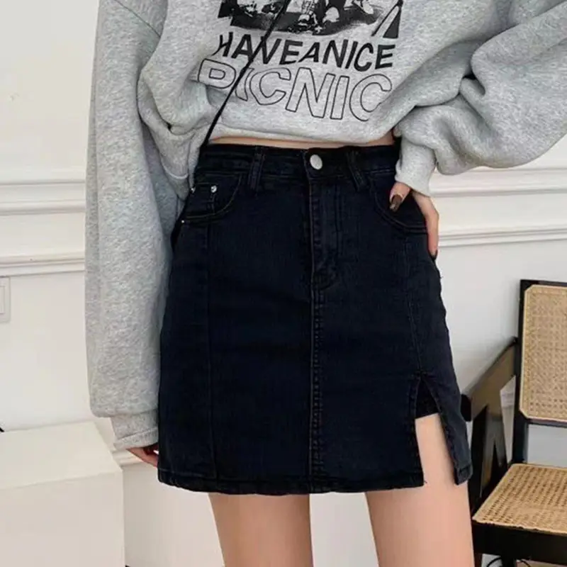 Women Denim Slit Skirt High Waist Blue 2025