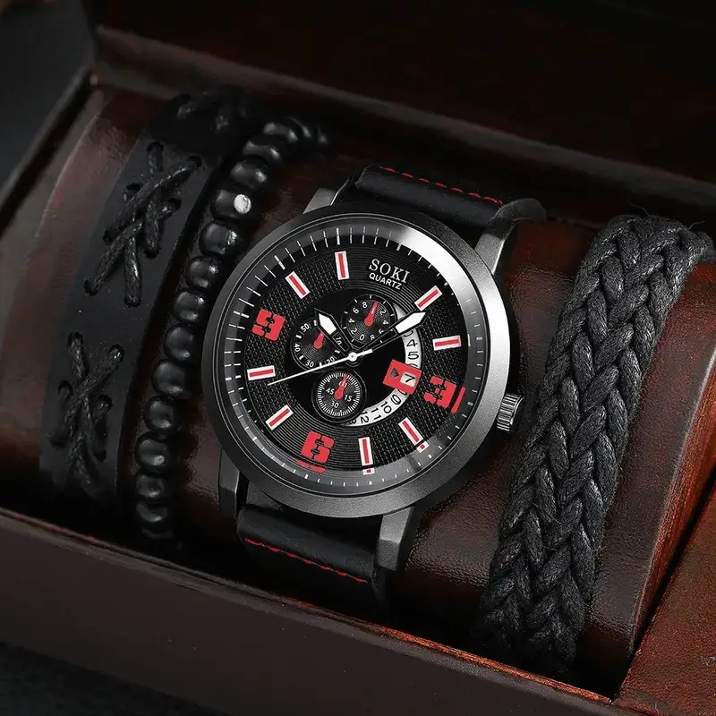 Men's Black 3-Eye Quartz Watch Set with Beaded Bracelet - Image 13