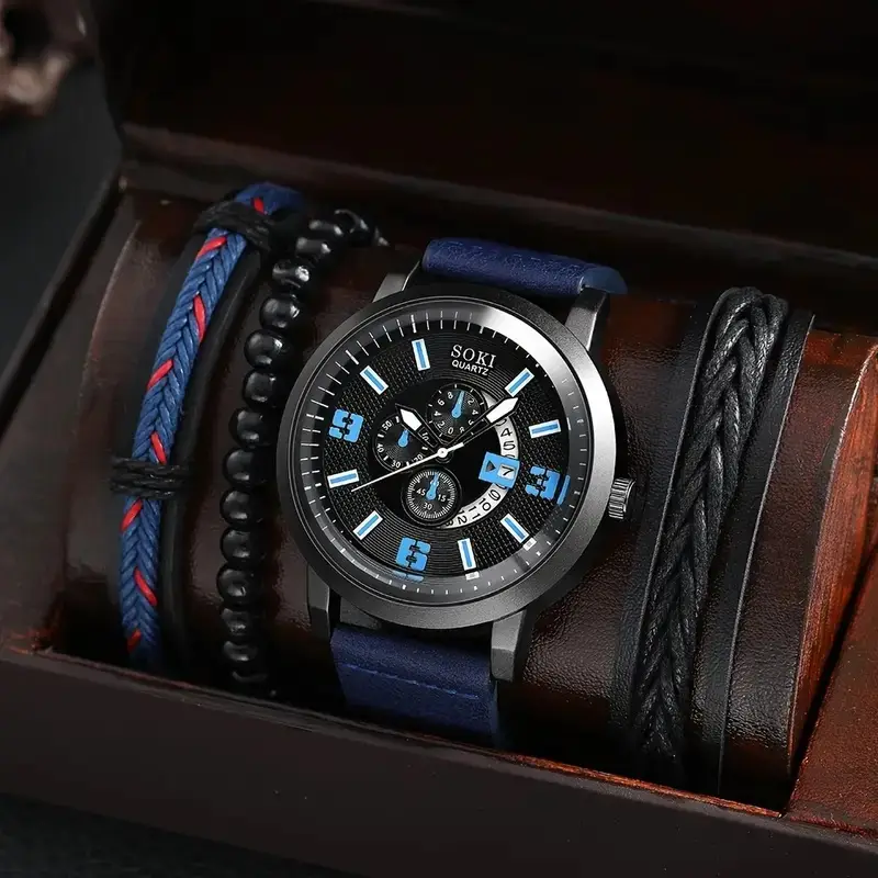 Men's Black 3-Eye Quartz Watch Set with Beaded Bracelet - Image 14