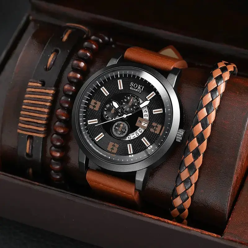 Men's Black 3-Eye Quartz Watch Set with Beaded Bracelet - Image 15
