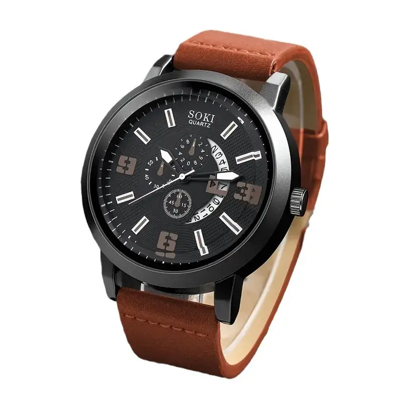 Men's Black 3-Eye Quartz Watch Set with Beaded Bracelet - Image 16