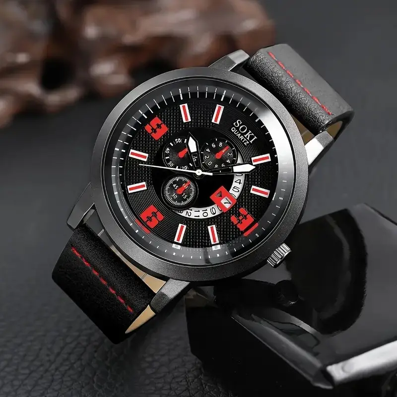 Men's Black 3-Eye Quartz Watch Set with Beaded Bracelet — feature 7