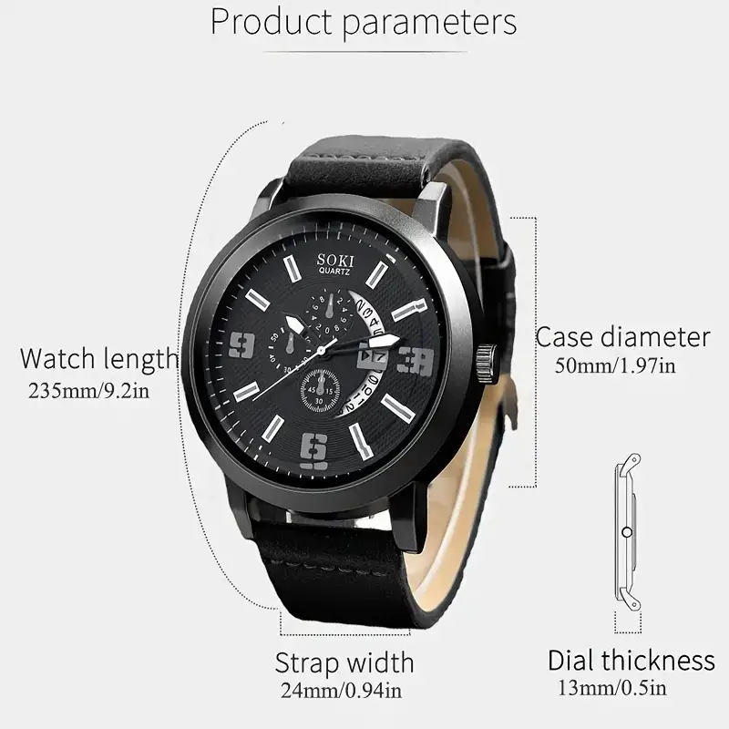 Men's Black 3-Eye Quartz Watch Set with Beaded Bracelet — feature 8