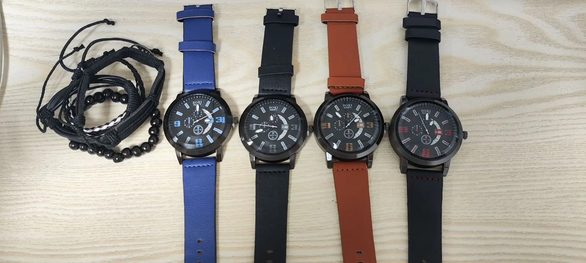 Men's Black 3-Eye Quartz Watch Set with Beaded Bracelet — feature 9