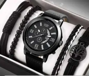 Men's Black 3-Eye Quartz Watch Set with Beaded Bracelet - Image 10
