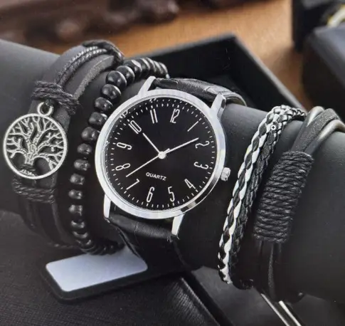 Men's Black 3-Eye Quartz Watch Set with Beaded Bracelet - Image 11