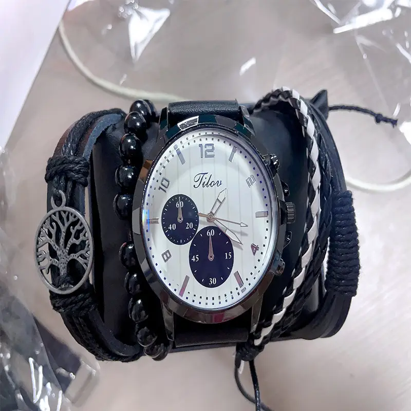 Men's Black 3-Eye Quartz Watch Set with Beaded Bracelet - Image 5