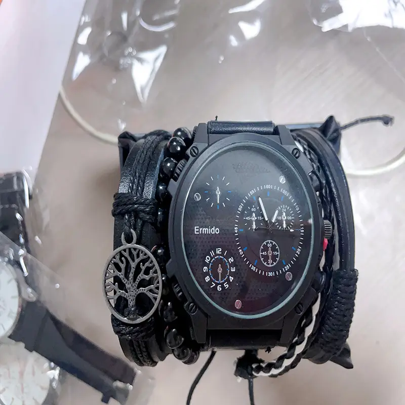 Men's Black 3-Eye Quartz Watch Set with Beaded Bracelet - Image 6