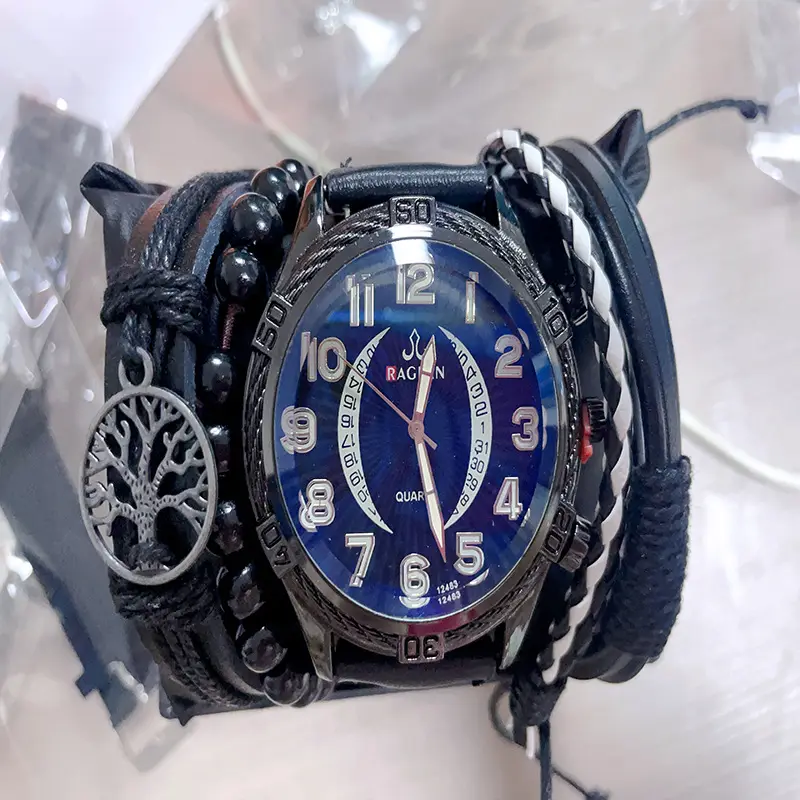 Men's Black 3-Eye Quartz Watch Set with Beaded Bracelet - Image 7