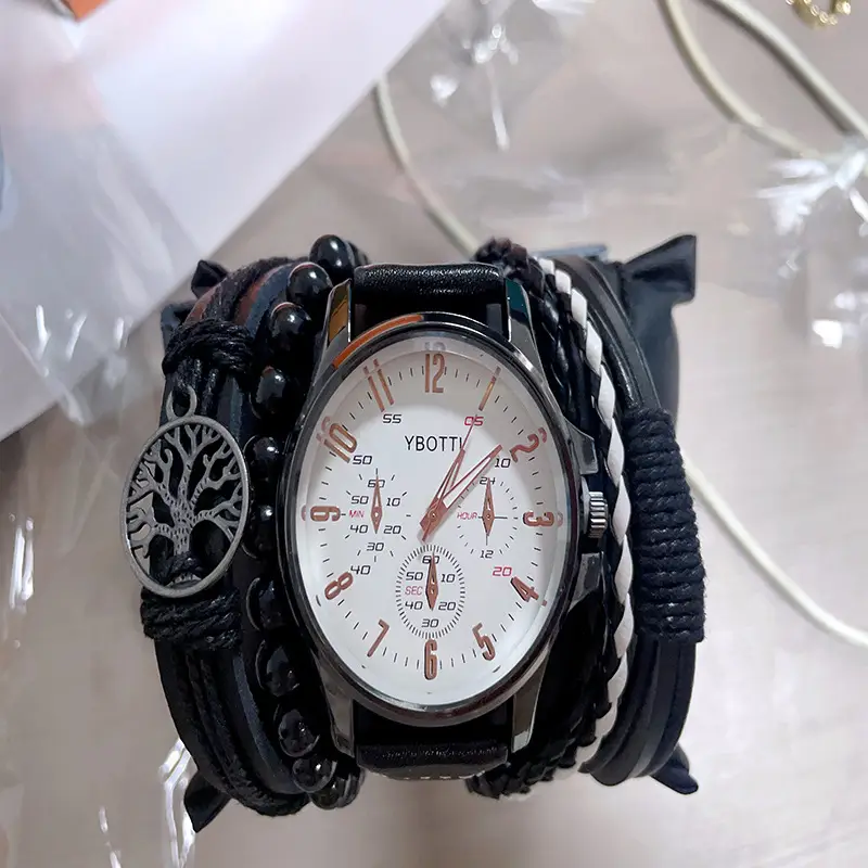 Men's Black 3-Eye Quartz Watch Set with Beaded Bracelet - Image 8