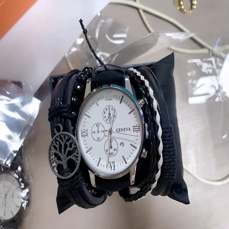 Men's Black 3-Eye Quartz Watch Set with Beaded Bracelet - Image 9