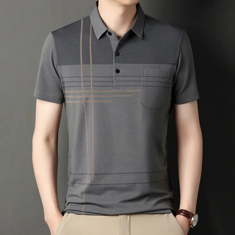 Men Blue Striped Ice Silk Polo Shirt Short Sleeve - Image 25